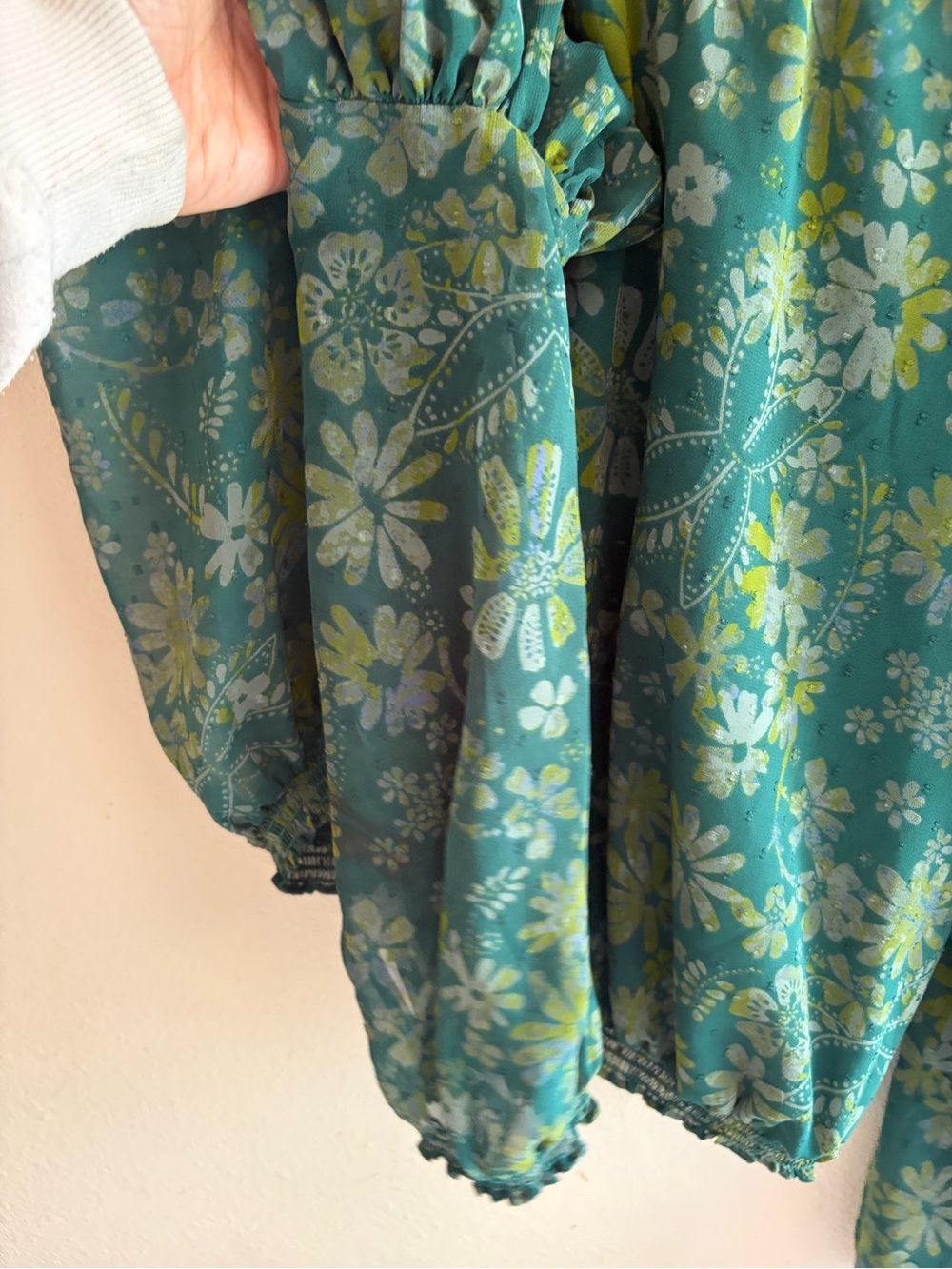 Free People Green Floral Sheer Sleeve Clarissa Print Top - Picture 8 of 8